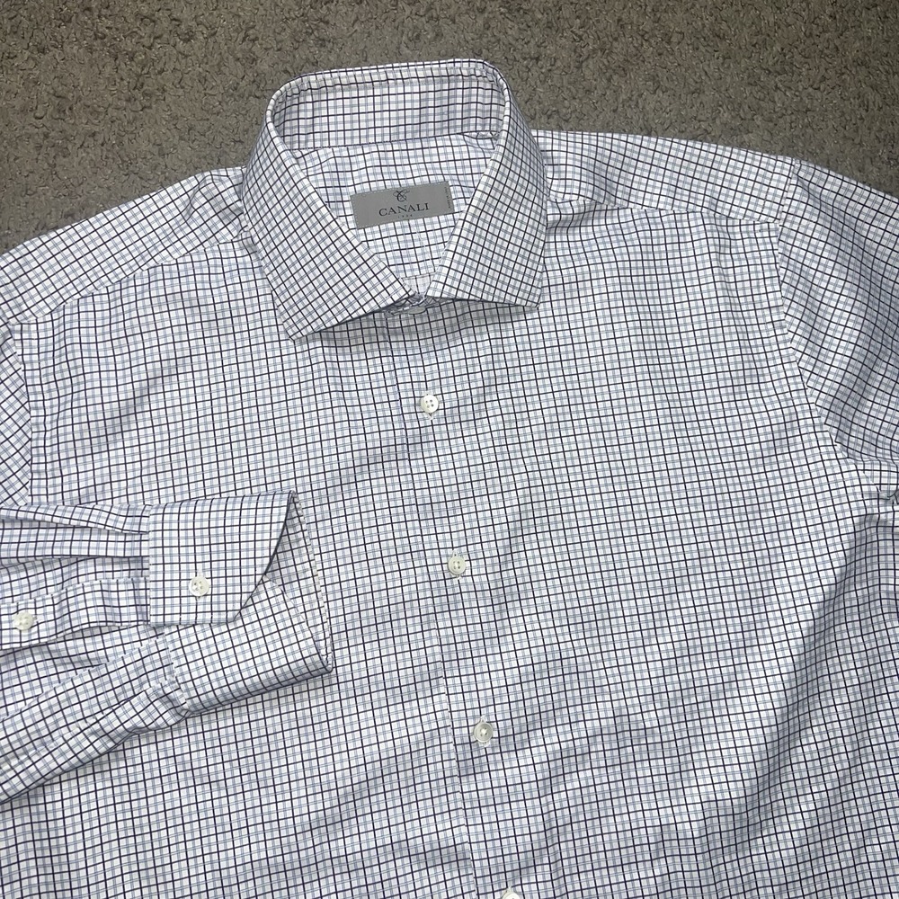 Canali 1934 Mens Italy Dress Shirt Size 46-16 White Plaid Check Long Sleeve